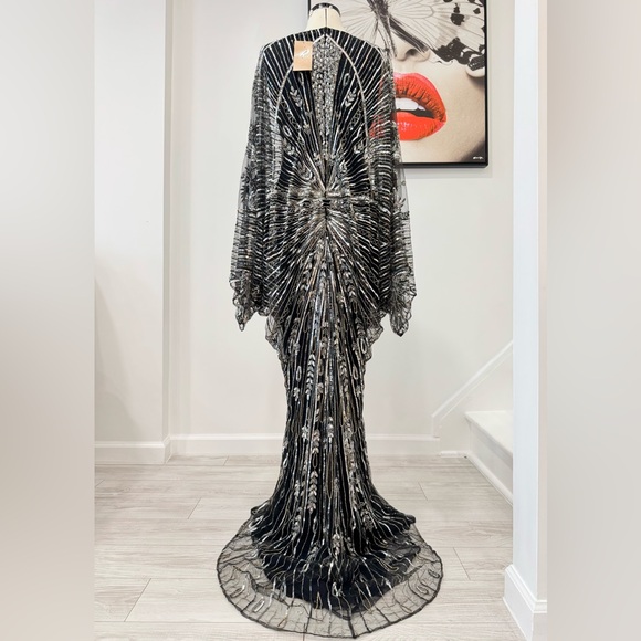 Reem Acra Plunging V-Neck Beaded Gown Sequined Maxi Dress - Picture 12 of 15